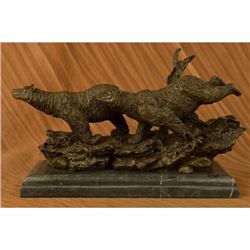 Extra Large Two Running Black Bears Bear Bronze Sculpture Marble Base Statue Art