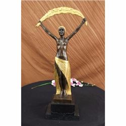 Signed~Chiparus~ Gold Patina Gilt Shawl Dancer Bronze Sculpture Marble