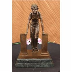 Bronze Art Standing Western Belle Woman Girl Lady Statue Marble Base Figure