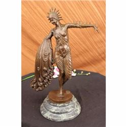Signed Lucien Alliot Art Deco Peacock Dancer Bronze sculpture Green Marble