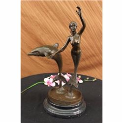 Signed Ernst Seger Nude Mermaid with Dolphin Swimming Bronze Sculpture