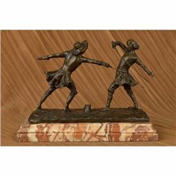 Signed Jean Patoue Two Male Fencer Bromze Sculpture Marble Statue Hot Cast Decor