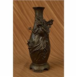 Signed Original Sexy Fairy with Wing Bronze Vase Art Nouveau Sculpture Figurine