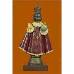 Art Deco Little Girl Holding Cross Religious Bronze Sculpture Marble Base Figure