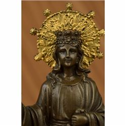 Signed Original Gold Patina Crowned Virgin Mary Bronze Sculpture Statue Figurine
