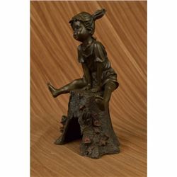 Signed Original Art Taylor Girl on A Tree Stump Bronze Sculpture Figurine