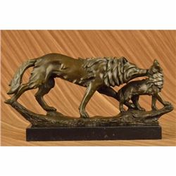 Art Deco Wolf protecting her cub Bronze Sculpture Marble Statue by Barye Figure