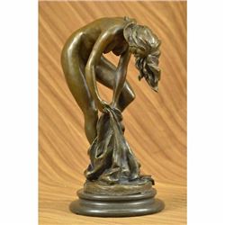 Original French Artist Jean Patoue Nude Female Standing on Rock Bronze Sculpture