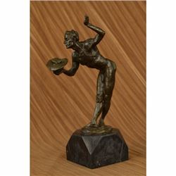 Signed Gold Patina Diana The Hunter Bronze Sculpture Marble Base Figurine Decor