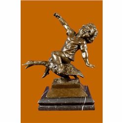 Young Girl Riding a Goose Bronze Sculpture Marble Base Figurine Statue Figure