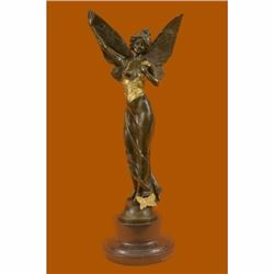 Signed French Large Charming Angel Standing on Rock Bronze Marble Sculpture Deco
