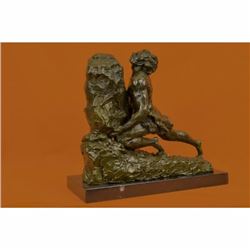After Rene Gregoire French Hot Cast Male Pushing Stone Bronze Sculpture Statue