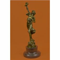Genuine Bronze Metal Statue Marble Base Greek Lady Girl Water Jug Vase Sculpture
