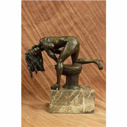 Signed Abstract Modern Art Nude Girl on Toilette Bronze Sculpture Marble Statue