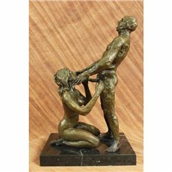 SIGNED 100% BRONZE EROTIC SCULPTURE NUDE ART STATUE SEX ON MARBLE BASE FIGURINE