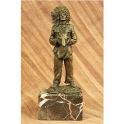 Indian with Feathered Headdress Holding an Ox Head Bronze Sculpture Statue Decor