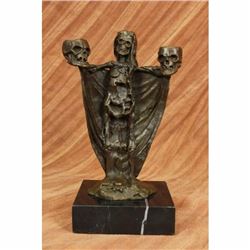 Signed Original Patoue French Artist Gothic Skeleton Candle Holder Bronze Statue