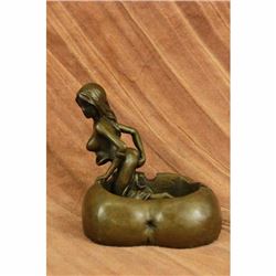 Nude Erotic Art Sexy Naked Nymph 100% Real Bronze Ashtray Sculpture Figurine NR