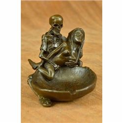 Art Deco Hot Cast Skeleton with Nude Girl Ashtray Coin Key Holder Bronze Statue