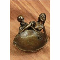Erotic Art Deco Skeleton With Nymph Ashtray Bronze Sculpture Figurine Figural NR