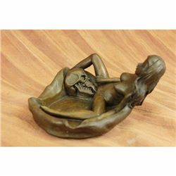 Signed Original Collectible Nude Female with Skull Bronze Ashtray Sculpture Sale