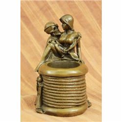Museum Quality Skull In Love with a Sexy Gal Bronze Sculpture Pen Holder Figure