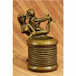 Signed Original Hot Cast Skeleton Holding Nude Nymph Bronze Pen Holder Sculpture