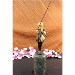 Signed Preiss Little Girl Fishing Bronze Sculpture Statue Figurine