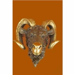 Signed Original Mascot Ram Head Bronze Sculpture Marble Base Statue Figurine Art