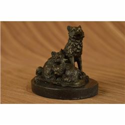 Signed Barye Miniature Wolf Family Bronze Sculpture Marble Base Statue Figurine