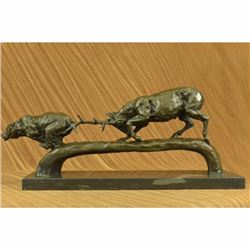 Signed Milo Elk Stag Confrontation Brown Bear Bronze Sculpture Statue Hot Cast