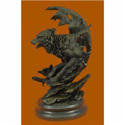 Celtic Moon Wolf Hot Cast Bronze Sculpture Marble Base Figurine Statue Figurine
