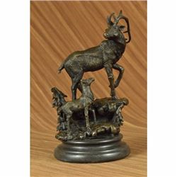 Signed Original Male Stag with his Baby Fawn Bronze Sculpture Marble Base Statue