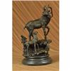 Image 1 : Signed Original Male Stag with his Baby Fawn Bronze Sculpture Marble Base Statue