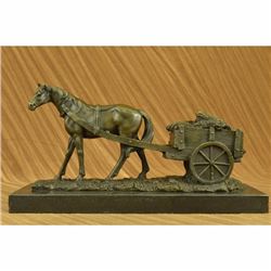 Signed Original Working Horse with Carriage Bronze Sculpture Statue Figurine Art