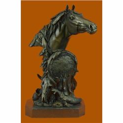 Signed Original Horse Bust Bronze Sculpture Marble Base Figurine Hot Cast Figure