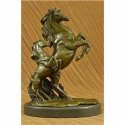 Two Rearing Wild Horses Bronze Sculpture Marble Base Statue by P.J Mene Figurine