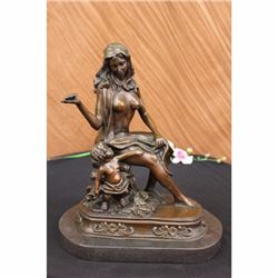 Nude Woman Holding a Butterfly w/ Toddler Bronze Sculpture Art Nouveau Figurine
