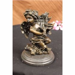 SIGNED MOREAU CHERUB ANGEL WITH FLOWERS BRONZE SCULPTURE CANDLE HOLDER