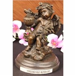 CHERUB ANGEL W/ FLOWERS BRONZE SCULPTURE CANDLE HOLDER MARBLE FIGURINE ART