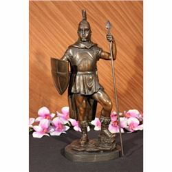 SIGNED BRONZE STATUE ROMAN GOD OF WAR WARRIOR MILITARY SCULPTURE ON MARBLE