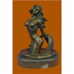 Signed Original Sexy Nude Mermaid Bronze Sculpture Mythical Marble Figurine Gift
