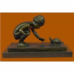 Handcrafted Signed Original Aldo Vitaleh Little Girl Playing With Turtle Bronze