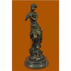 Art Nouveau Sexy Maiden Holding Rose Flower in Garden Bronze Sculpture Statue