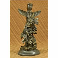 Sign Original Fisher Indian Warrior with Totem Pole Bird Bronze Sculpture Statue