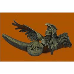 Native American Warrior With Eagle Headdress And Horn Bronze Sculpture Figurine