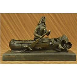 Signed Native American Chief Embark in Canoe Bronze Sculpture Statue Figurine