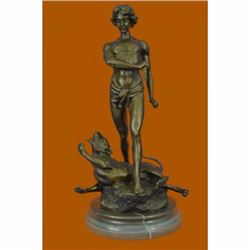 Nude Male Killing Lion Bronze Sculpture by Potet Mythical Figurine Statue Figure