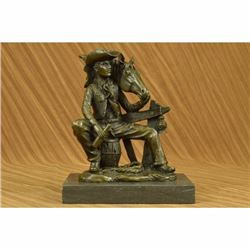 Signed Original Cowboy Sitting on Barrel Drinking Whisky Bronze Sculpture Statue