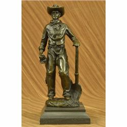 Signed American Western Art Hot Cast Cowboy Holding Shovel Bronze Sculpture